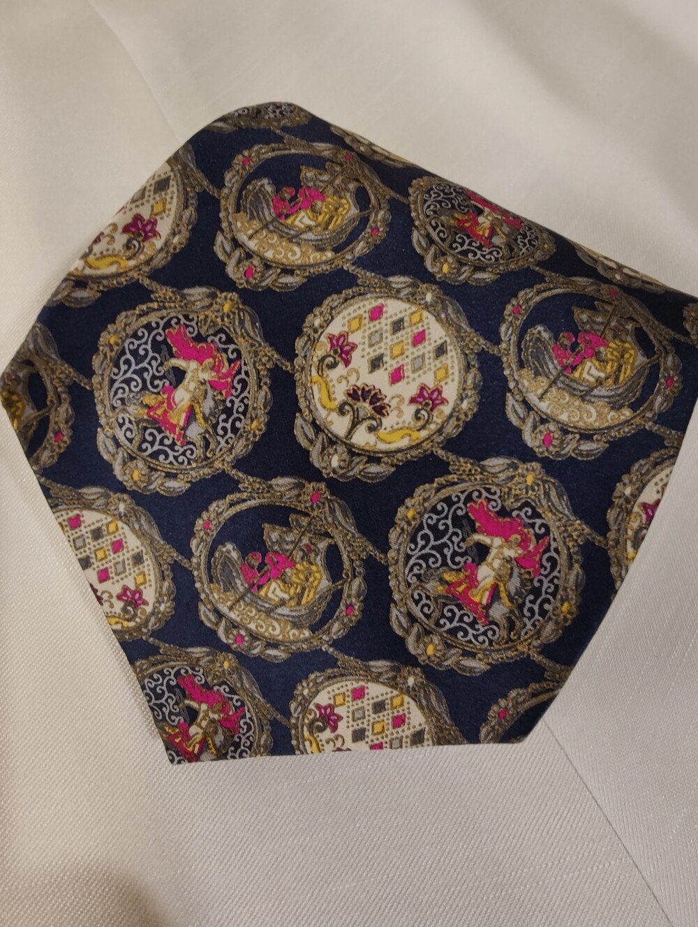 Brioni Navy Silk Tie with Renaissance Inspied Gold Medallions and  Figures